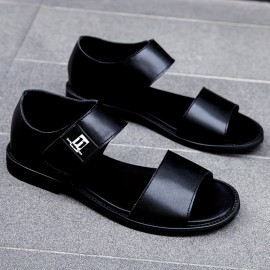 [Breathable Summer Sandals] Men's Genuine -like Strap (Second-Layer Cowhide) Adjustable Hook-and-Loop Sandals - Black Cushioned PU Insole & Non-Slip Rubber Sole - Breathable Summer Beach for Casual, Pool, Walking - Round-Toe Dress Sandals (No Laces)