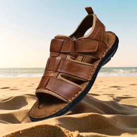 Men'S Genuine Leather Sandals - Classic Open-Toe Summer Beach Shoes with Adjustable Hook & Loop Strap, Non-Slip PVC Sole for Casual, Water Sports & Daily Wear, Strappy Sandals