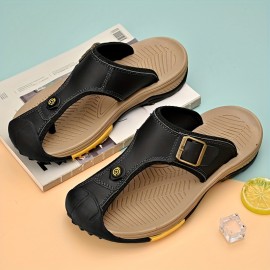 [Stylish Slide Sandals] Stylish Men's Summer Slide Sandals | Anti-Slip Soft Sole with Buckle Straps, Comfortable PU Upper & Rubber Sole for Outdoor Wear, Slipresistant Footwear, Textured Strap Pattern, Durable Traction Footwear