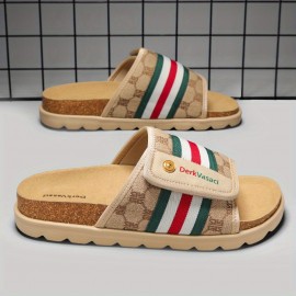 Men'S Comfortable Casual Beach Slippers, Breathable Striped Print with Brand Decorative Buttons and Embroidery, Flat Shoes High-Quality Casual Footwear, Suitable for Use in 11 Festivals