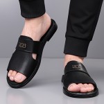 LL25222 Men's Stylish Black Slip-On Sandals - Super Fiber Synthetic, Round Toe, Rubber Sole, Summer Casual Comfort for Casual Attire