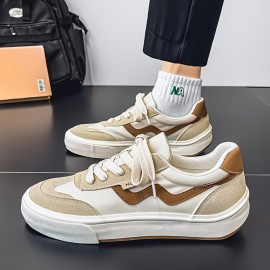 Men's Skate Shoes - Low-Top Sneakers Beige/White colorway, PU/Fabric Upper & Cushioned EVA Sole for Skateboarding, Streetwear, Everyday - Lace-Up Closure, All-Season Casual Shoes for Men, Roller Skate Shoes, Streetwear Footwear, Modern Roundtoe, Fabric Interior Lining
