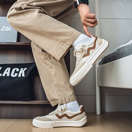 Men's Skate Shoes - Low-Top Sneakers Beige/White colorway, PU/Fabric Upper & Cushioned EVA Sole for Skateboarding, Streetwear, Everyday - Lace-Up Closure, All-Season Casual Shoes for Men, Roller Skate Shoes, Streetwear Footwear, Modern Roundtoe, Fabric Interior Lining