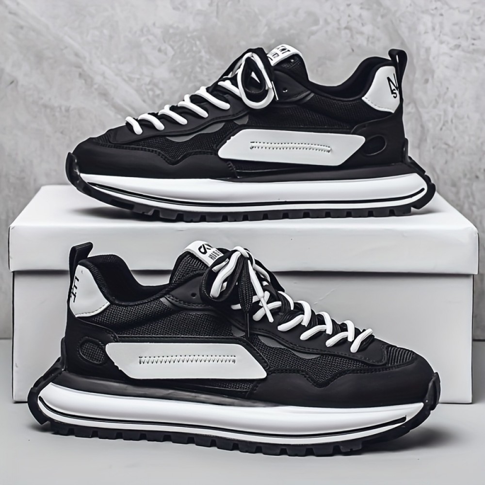Men's Summer Casual Sneakers - Breathable Low-Top Lace-Up Shoes with Thick Cushioned Sole, White & Navy Blue Letter Print Design, PU/Fabric Upper & Outsole for Outdoor, Daily Wear & Street Style, Outdoor Sneakers, Fabric Lined Interior, Minimalist Design, Durable Construction, Active Lifestyle