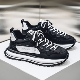 Men's Summer Casual Sneakers - Breathable Low-Top Lace-Up Shoes with Thick Cushioned Sole, White & Navy Blue Letter Print Design, PU/Fabric Upper & Outsole for Outdoor, Daily Wear & Street Style, Outdoor Sneakers, Fabric Lined Interior, Minimalist Design, Durable Construction, Active Lifestyle
