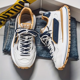 Men's Summer Casual Sneakers - Breathable Low-Top Lace-Up Shoes with Thick Cushioned Sole, White & Navy Blue Letter Print Design, PU/Fabric Upper & Outsole for Outdoor, Daily Wear & Street Style, Outdoor Sneakers, Fabric Lined Interior, Minimalist Design, Durable Construction, Active Lifestyle