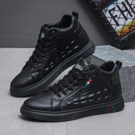 Men'S Non-Slip Durable Fashion Sneakers - Casual Street Style, Solid Color, All-Season Lace-Up Shoes with Thick Sole for Height Increase, Round Toe, Mid-Top Design, Faux Upper, Fabric Inner & Insole, PVC Sole