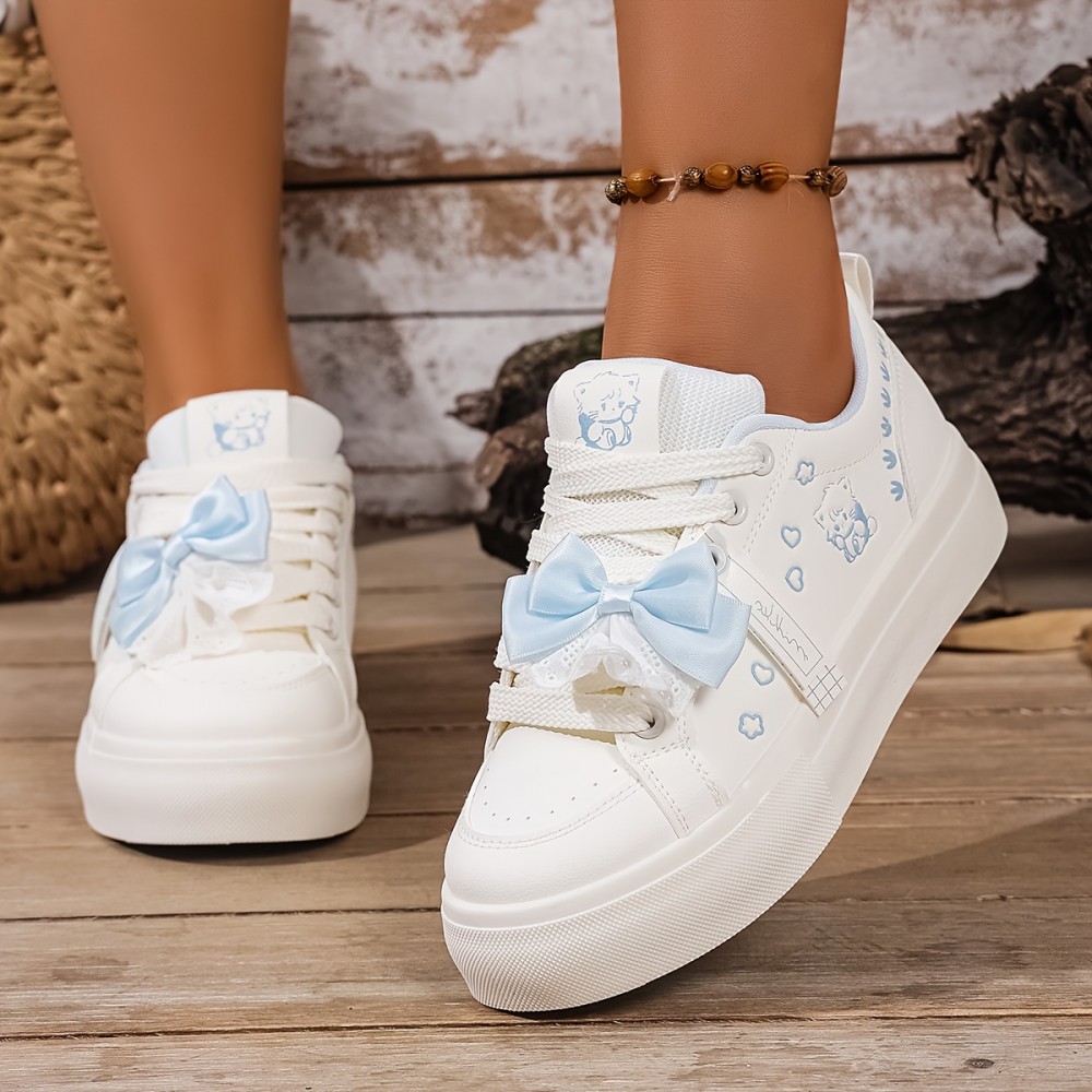 Women's Low-Top Sneakers - Lace-Up Shoes with Bow Accent, Synthetic Cover Upper & Non-Slip Rubber Sole - White & Pastel Blue Everyday Casual Shoes for Women - All-Season Fashion Footwear, Versatile Footwear, Playful Design, Comfortable Lining, Trendy Shoppers