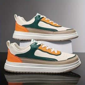 Men'S Summer Trendy Low-Top Sneakers - Casual & Street Style, Thick Sole, White & Orange Color Scheme, Synthetic Upper, Lace-Up Design for Casual Attire, Casual Footwear | Trendy Lowtops | Synthetic Sneakers
